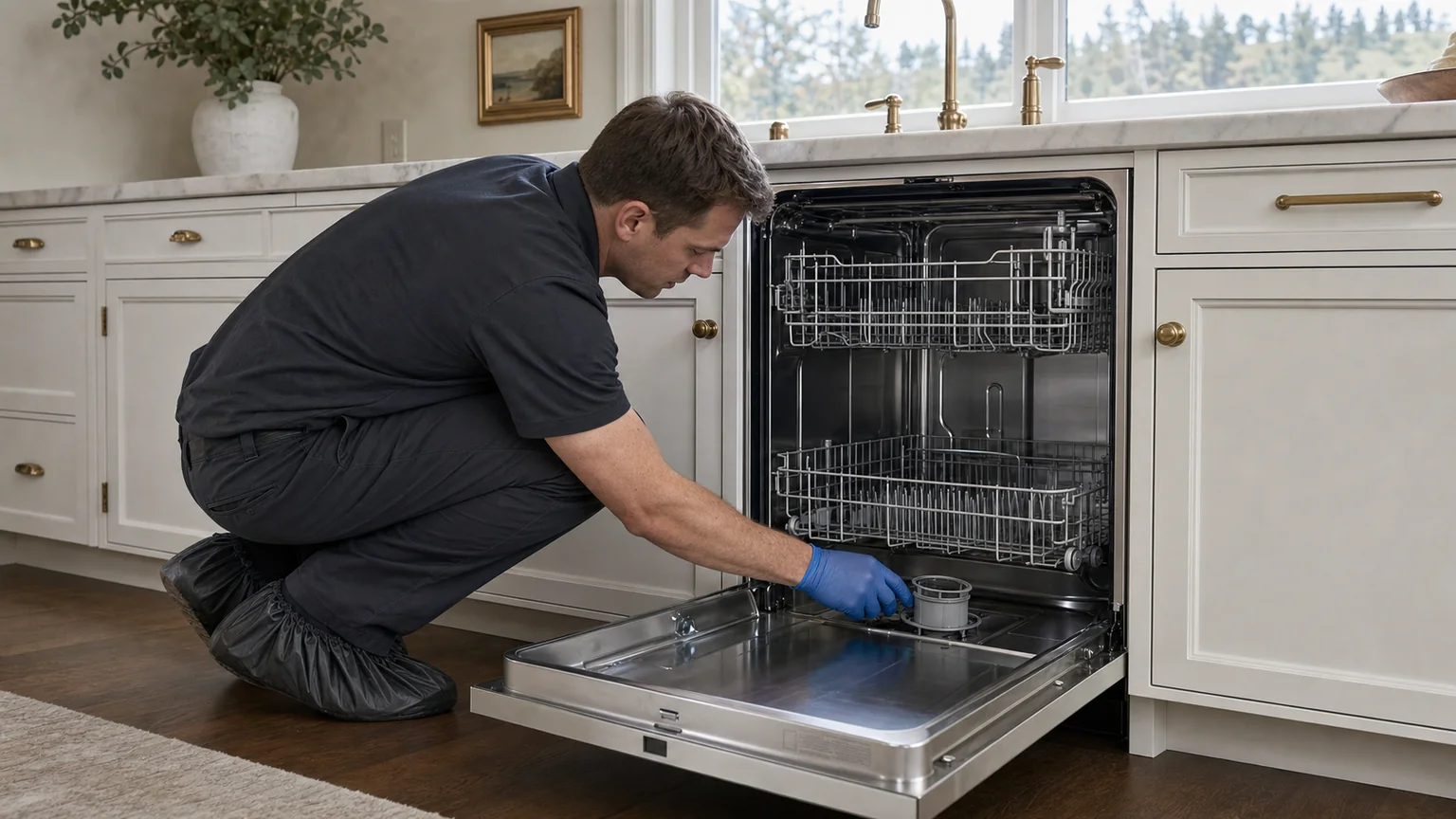 Panel-ready dishwasher prepared for a professional diagnostic visit